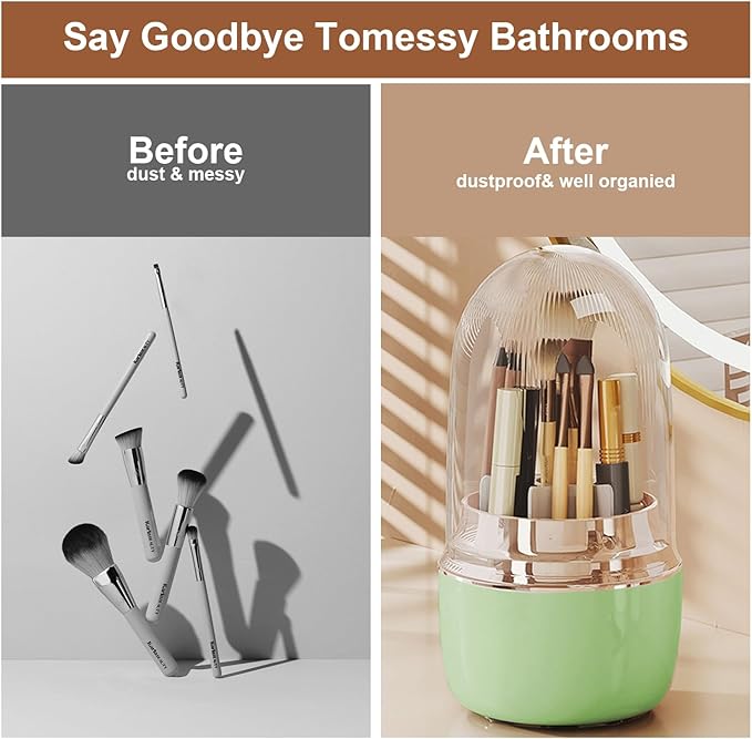 360° Rotating Toothbrush Holder with Cover, 7-Slot Bathroom Organizer for Electric Toothbrush, Toothpaste, Razors, Draining Water, Countertop Vanity Storage