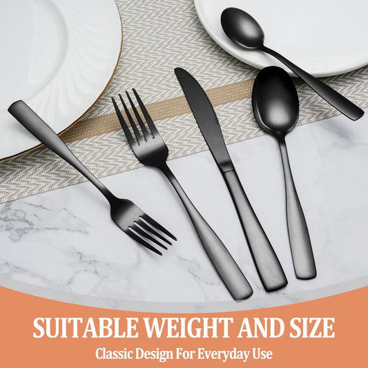 20 Pcs Black Silverware Set, Food-Grade Stainless Steel Flatware Set for 4, Square Cutlery Set, Mirror Polished Tableware Eating Utensils Set for Kitchen, Include Knife Fork Spoon Set,Dishwasher Safe