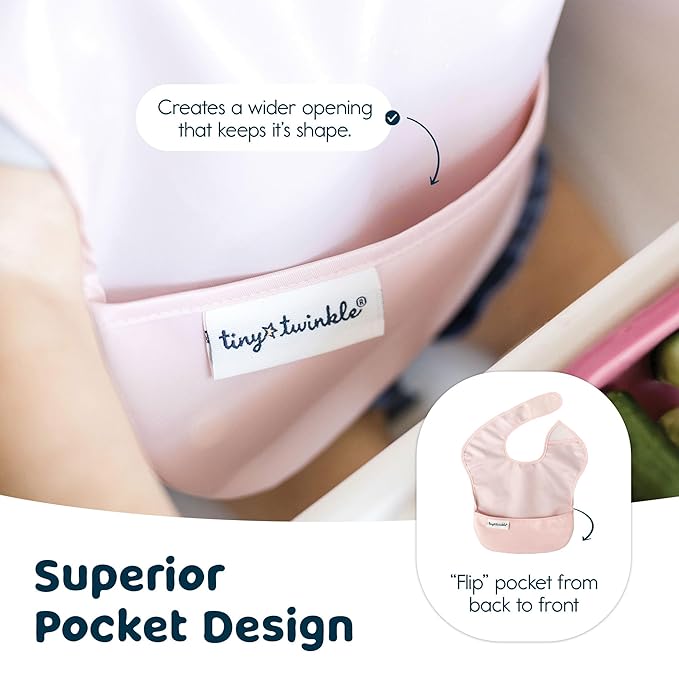 Tiny Twinkle Mess-Proof Baby Bibs for Eating | Waterproof, Wipeable Toddler Bibs with Catch-All Pocket | Feeding Bibs for Girls & Boys(3 Pack,Taupe, Rose)