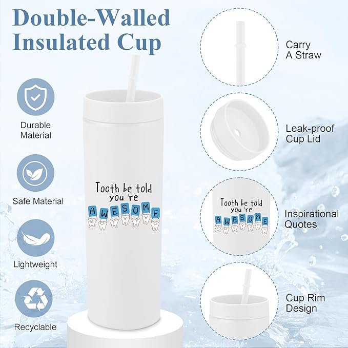 Skylety 3 Pcs Dental Hygiene Month Gifts Dental Assistant Hygienist Appreciation Gift 16oz Tumbler with Lid Cute Teeth Makeup Bag Stress Toy Employee Thank You Dentist Coworker Nurse Student(White)