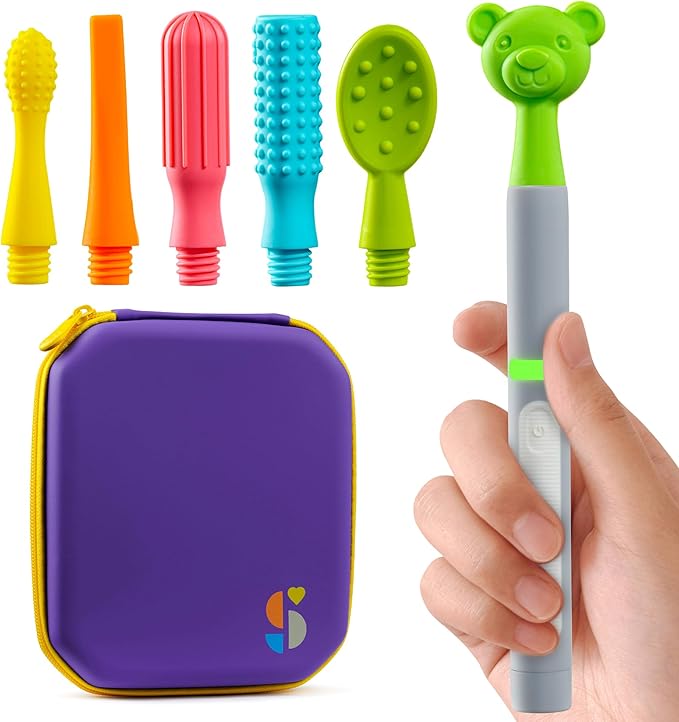 Special Supplies Buzz Buddy Oral Motor Stimulation kit with 6 Soft Textured Interchangeable Heads, Calm Sensory Needs, Support Speech, and Stimulate Self Feeding, Gentle Vibrations (Grey)
