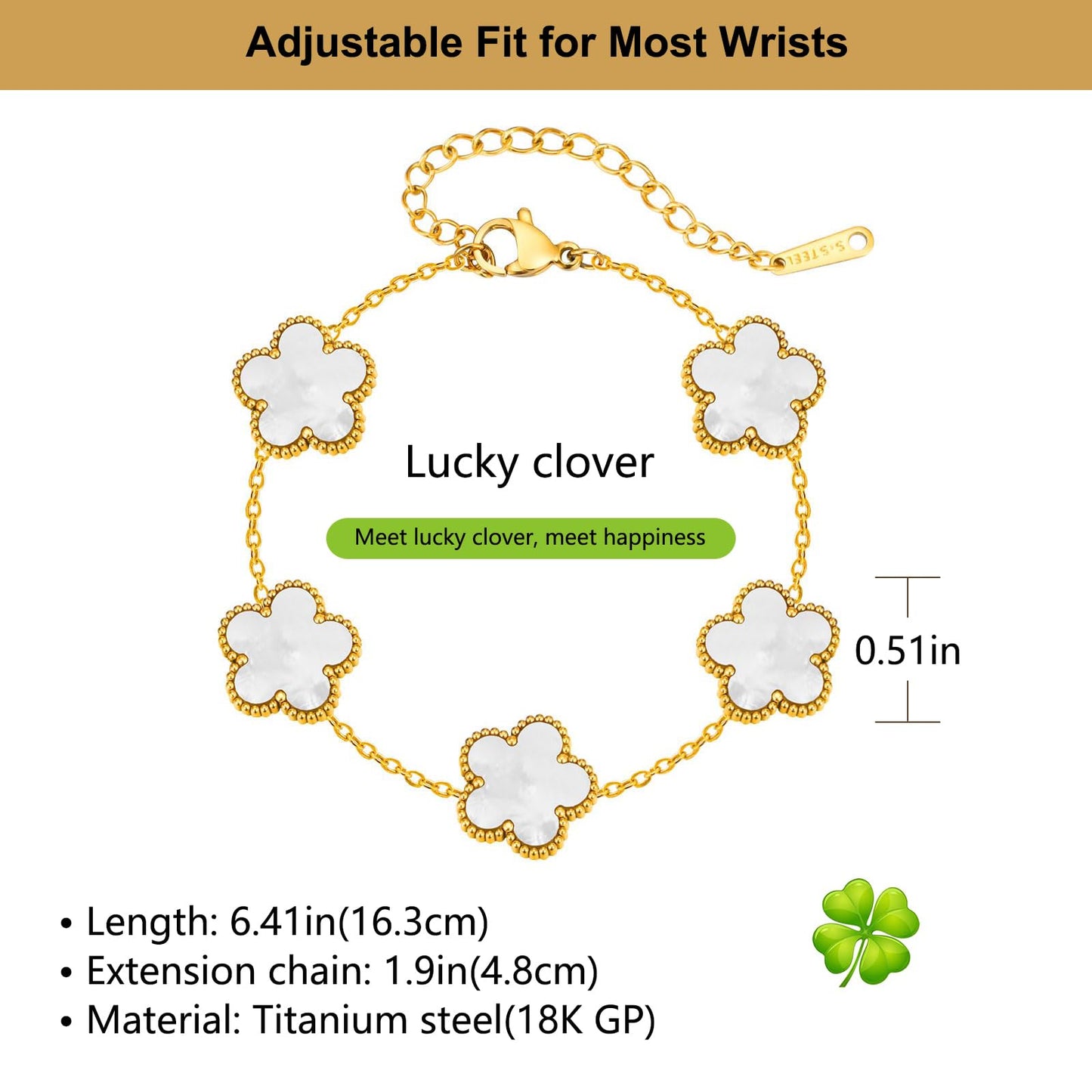 Eclatienne Four Leaf Clover Bracelet Set for Women – 3Pcs 18K Gold Plated Lucky Charm Bracelets, Adjustable 4 Leaf Clover Jewelry Gift (White, Black & Gold)