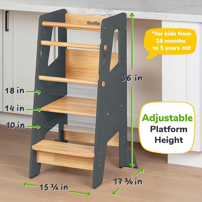 OCODILE Toddler Standing Tower - Adjustable Height Toddler Kitchen Stool Helper - Ideal Kids Kitchen Step Stool for Learning New Skills - Updated Design with Safety Feet - Gray