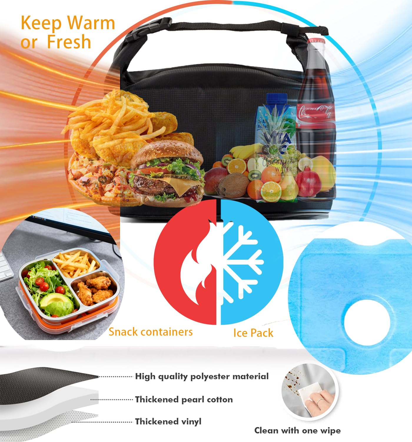 Stainless Steel Snack Box Container with Ice Pack & Lunch Bag for Man & Women - Bento Lunch Box Kit for School,office,Work,Travel,Camping, Reusable Lunch Meal Prep Containers Compartment Leak-Proof