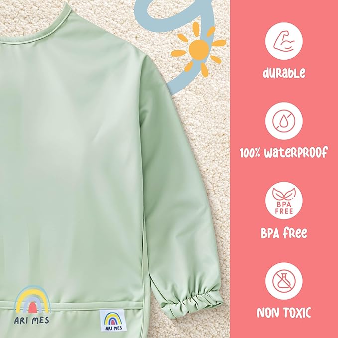 ARI MES Long Sleeves Waterproof Baby Bibs for Eating - Blue, Small - Wearable, Coverall for Toddler, Long Sleeve Bib, Smock for Toddler, Apron for Feeding - Applicable for 6-72 Months
