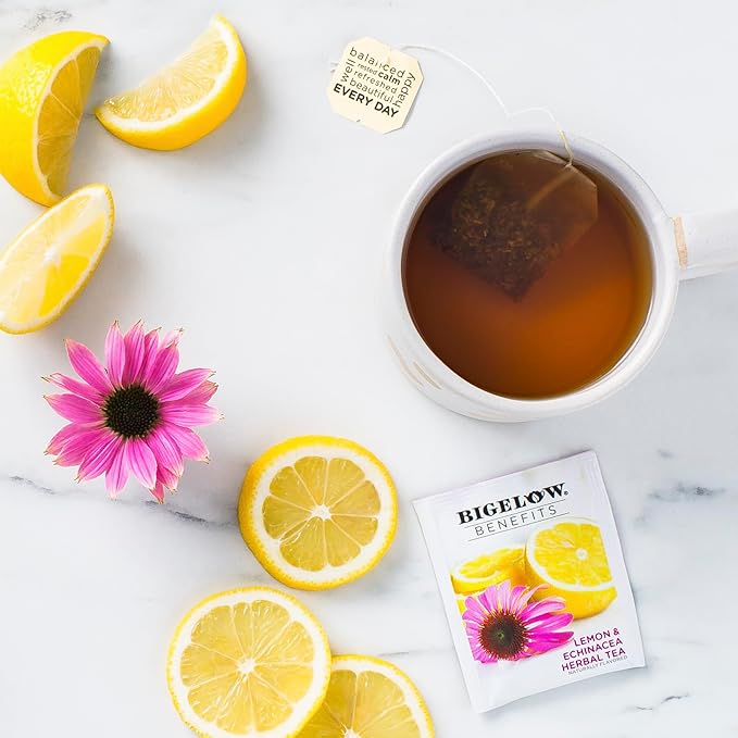 Bigelow Benefits Stay Well Lemon and Echinacea Herbal Tea, Caffeine Free, 18 Count (Pack of 6), 108 Total Tea Bags