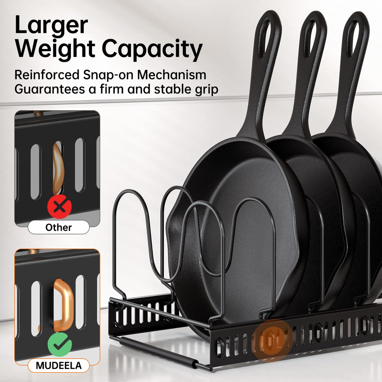 MUDEELA Pots and Pans Organizer Rack for under Cabinet, Expandable 11.81''-22.85'' Pot Lid Kitchen Cabinet Organizer Holder with 10 Adjustable Compartment Cutting Board Organizer for Pan Lid, Bakeware