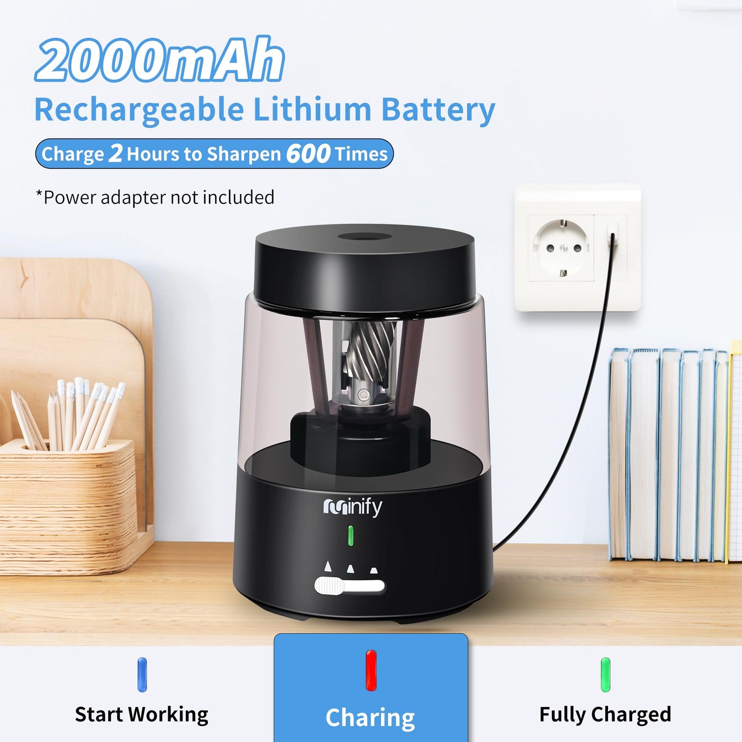 Minify Pencil Sharpener Electric Pencil Sharpener Heavy Duty Blade Rechargeable Battery Powered Pencil Sharpeners for 6-8mm Colored Pencils Auto Stop Fast Sharpen in 3s (Black)