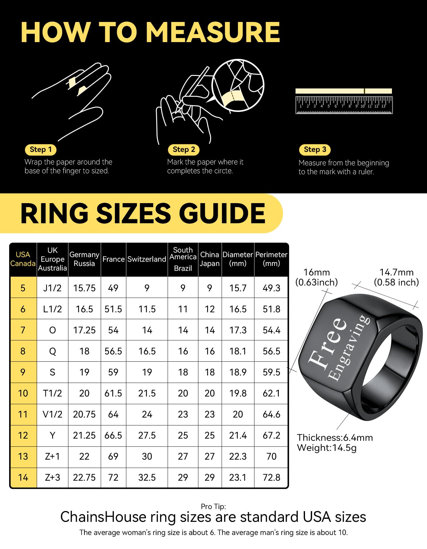 ChainsHouse Black Personalized Signet Rings for Men Women Solid Polished Stainless Steel Biker Ring Size 12