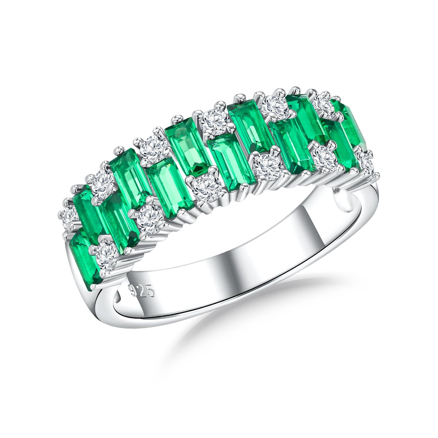 RANDES Emerald Baguette Ring 925 Sterling Silver Band Rings for Women Men Emerald Cut Wedding Band Green Stone Ring Size 7