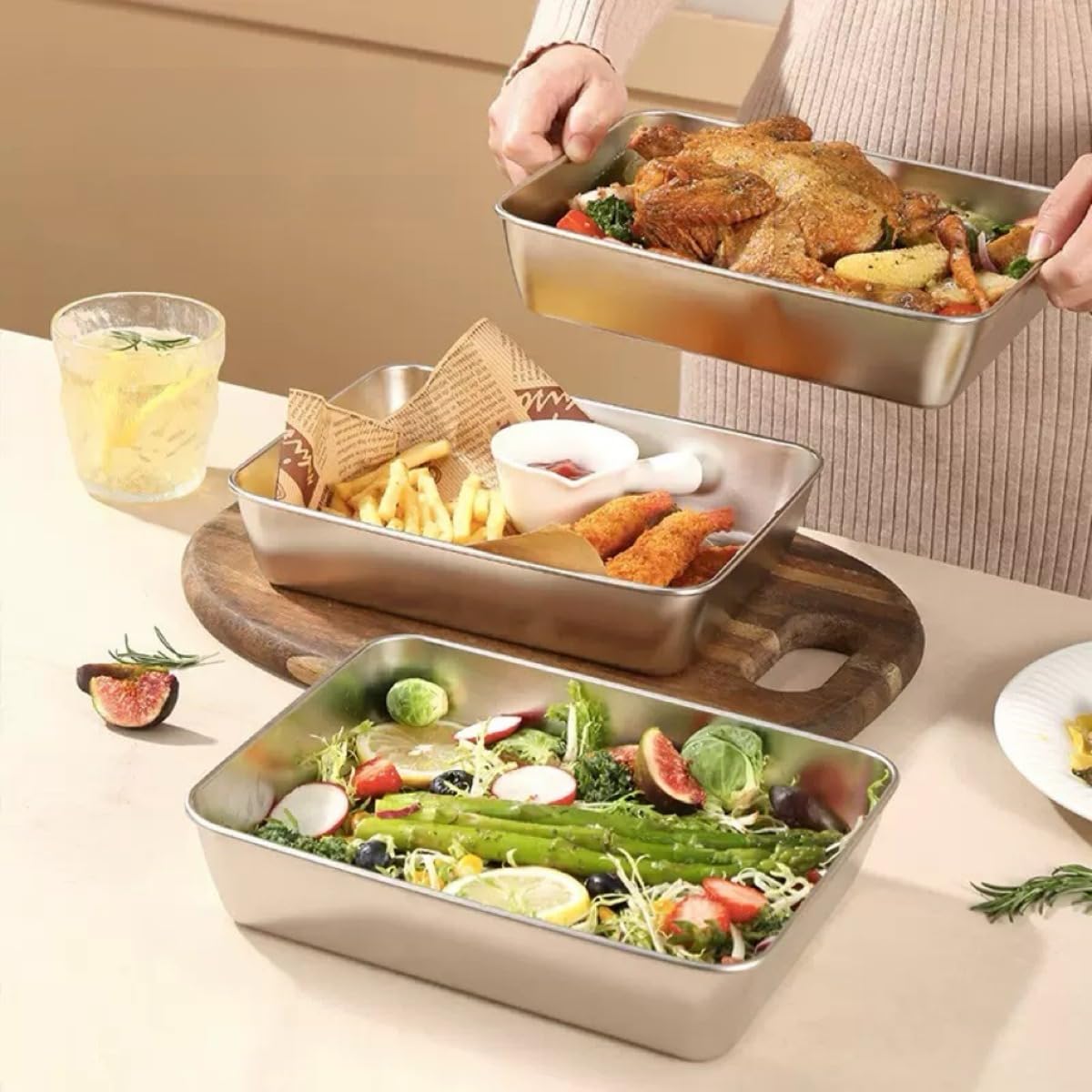 3PCS Stainless Steel Food Storage Containers，Meal Prep Containers, Kitchen tray with Lids,Oven plate，BPA Free