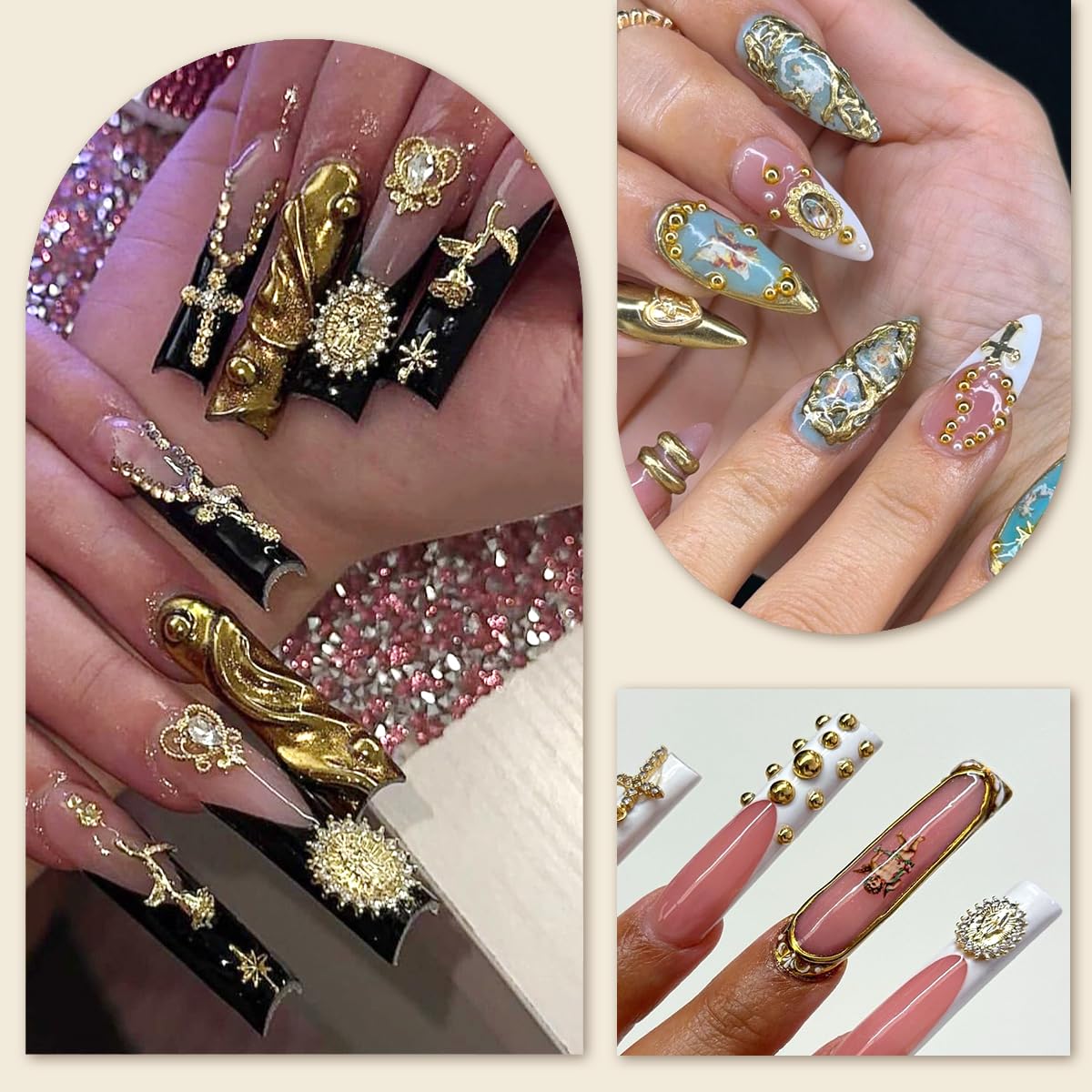 3D Cross Nail Charms,Gold Flat Back Nail Pearls Beads for Crafting,Cute Nail Charms Y2k Rhinestones Jewelry for Nail Art Flower Virgin Mary Religious Charms Gems Bulk Nail Chains (Gold)