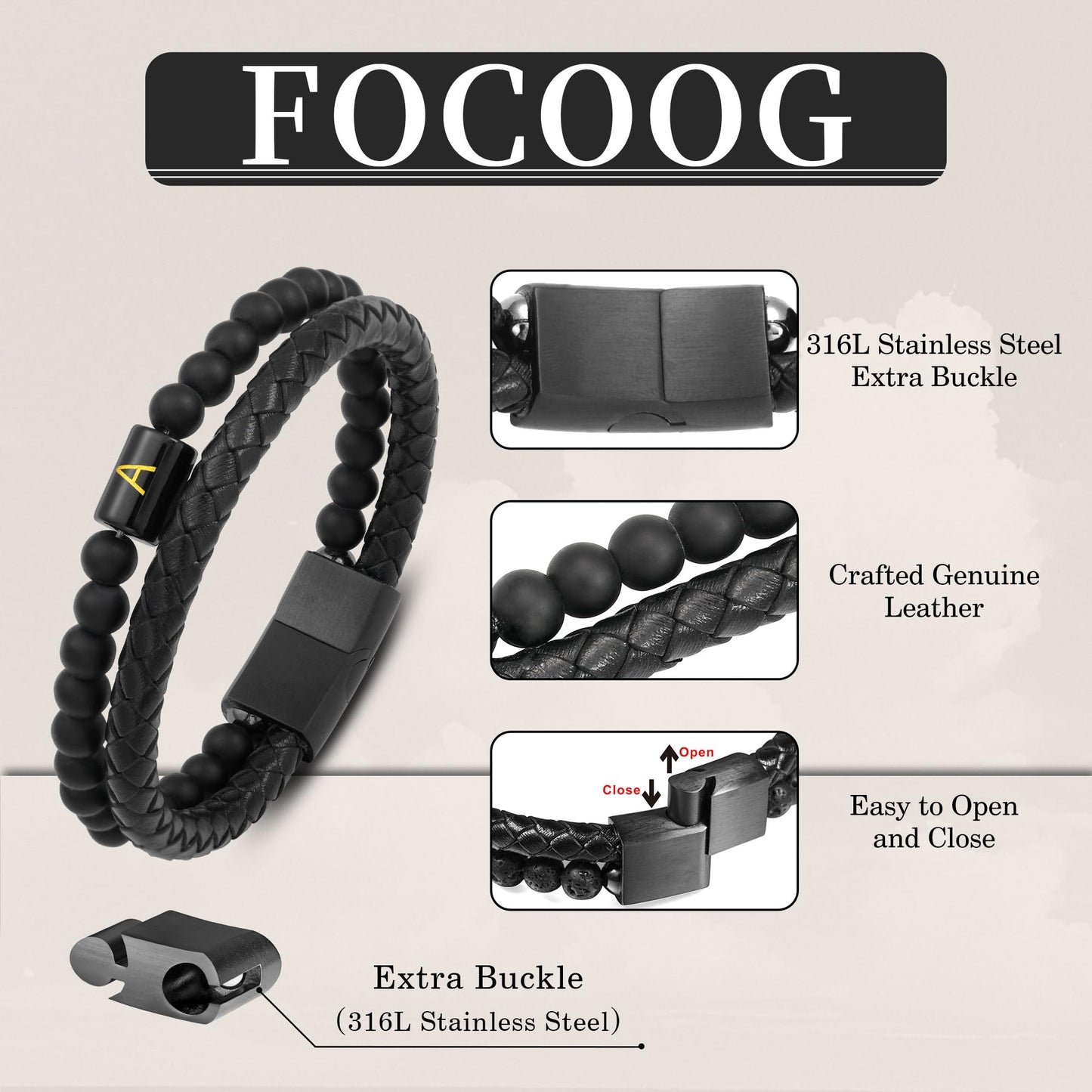 Mens Leather Bracelet with Initial - Men Gift Matte Agate Bead Magnetic Clasp Black Leather Bracelets Mens Gifts Men Bracelets with Initial W Bracelet for Men's Jewelry Men's Gifts for Dad Husband Him