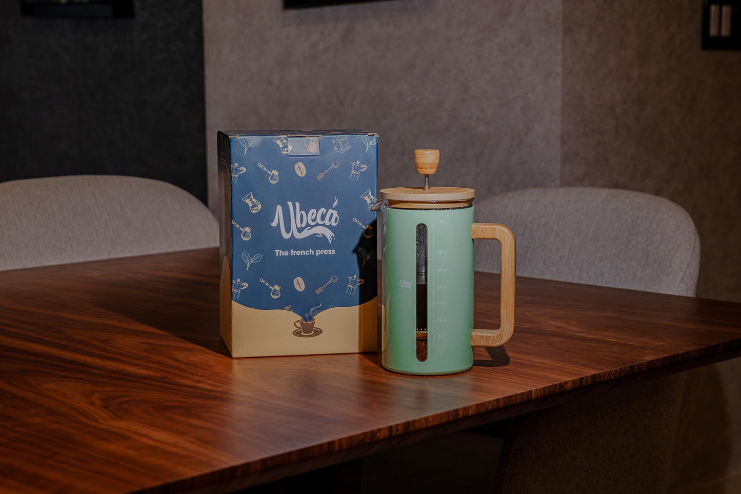 Ubeca French Press 34 oz Coffee Maker | Mint Green | Thick Borosilicate Glass | Bamboo Handle 2-Layer | Stainless Filter and cover | Easy Clean Eco-Friendly Gift ready Set