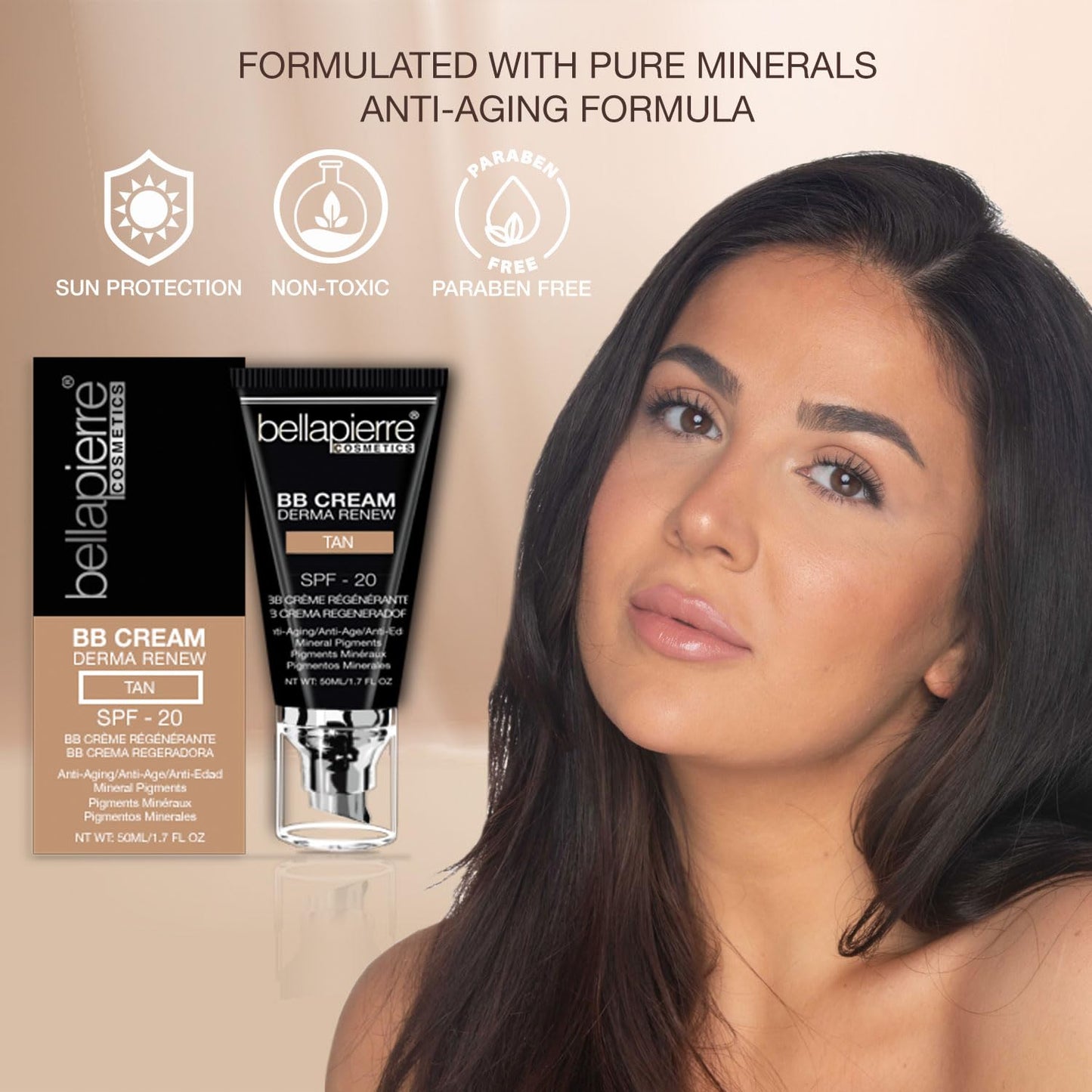 bellapierre BB Cream with SPF 20 - Tinted Sunscreen, Concealer, Matte Foundation, & Moisturizing Face Cream | Lightweight Formula + Pump Top Applicator | Non-Toxic & Paraben Free | 1.7 Oz - Dark