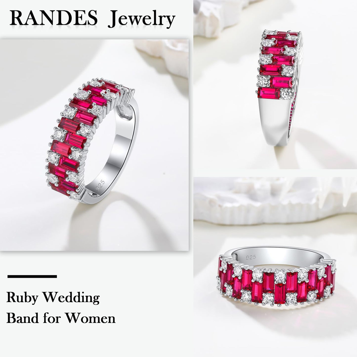 RANDES Ruby Wedding Band for Women 925 Sterling Silver Emerald Cut Cubic Zirconia Red Stone Anniversary Band Eternity Ring Size 10