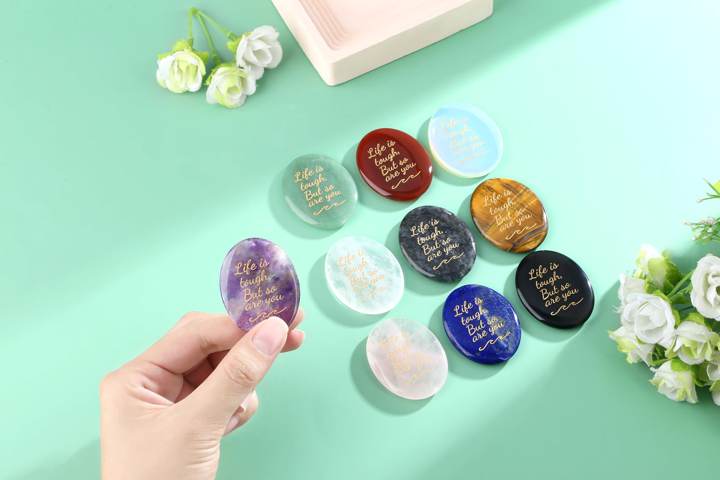 NUKAYAI Inspirational Gifts Black Labradorite Worry Stone Crystal Stone Healing Crystals Pocket Natural Stress Relief Gifts Meditation Accessories Palm Reiki Trinket Anxiety Relief Items for Women Men