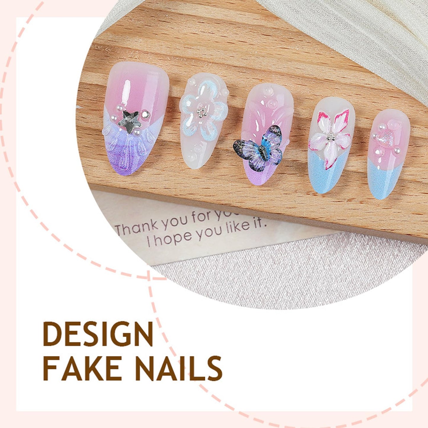 30Pcs Flower Press on Nails Medium Almond French Tip Fake Nails with 3D Star Rhinestone Design Butterfly Heart False Nails Pink Smudge Full Cover Cute Floral Butterflies Acrylic Glue on Nail for Women