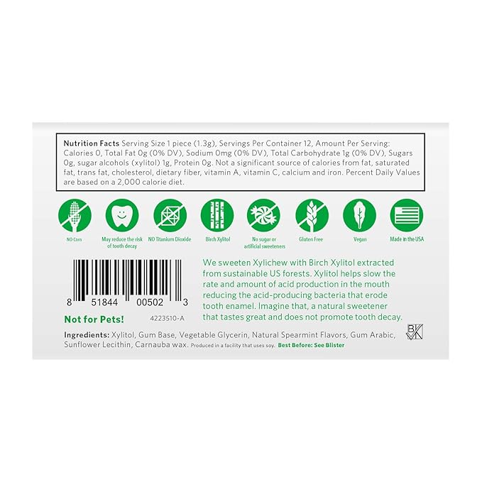 Xylichew 100% Xylitol Chewing Gum - Non GMO, Non Aspartame, Gluten Free, and Sugar Free Gum - Natural Oral Care, Relieves Bad Breath and Dry Mouth - Spearmint, 288 Count