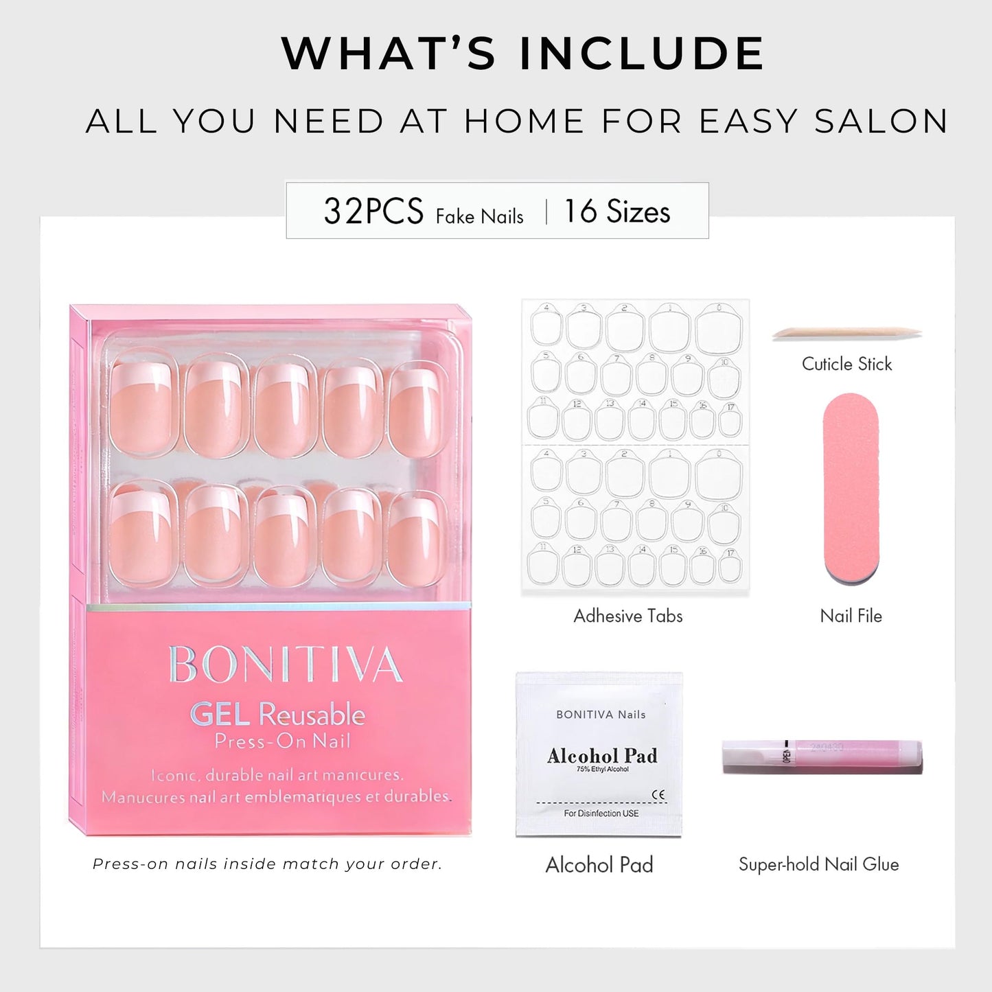 Bonitiva Short Almond Press On Nails, Glossy White Soft Gel Reusable, 32PCS 16 Sizes, Salon Quality Long Lasting Fake Nails with Nail Glue & File Kit for Women Girls, Daily Wear