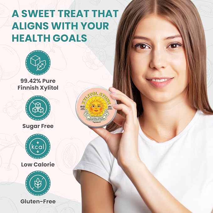 Xylitol Stone Sugar Free Candy - Vegan & Keto Friendly Unique Hard Candy Sugar-Free - 100% Natural Flavor Candies - Gluten Free & Non-GMO Breath Freshener Low Calorie Mints - Peach (Pack of 3)