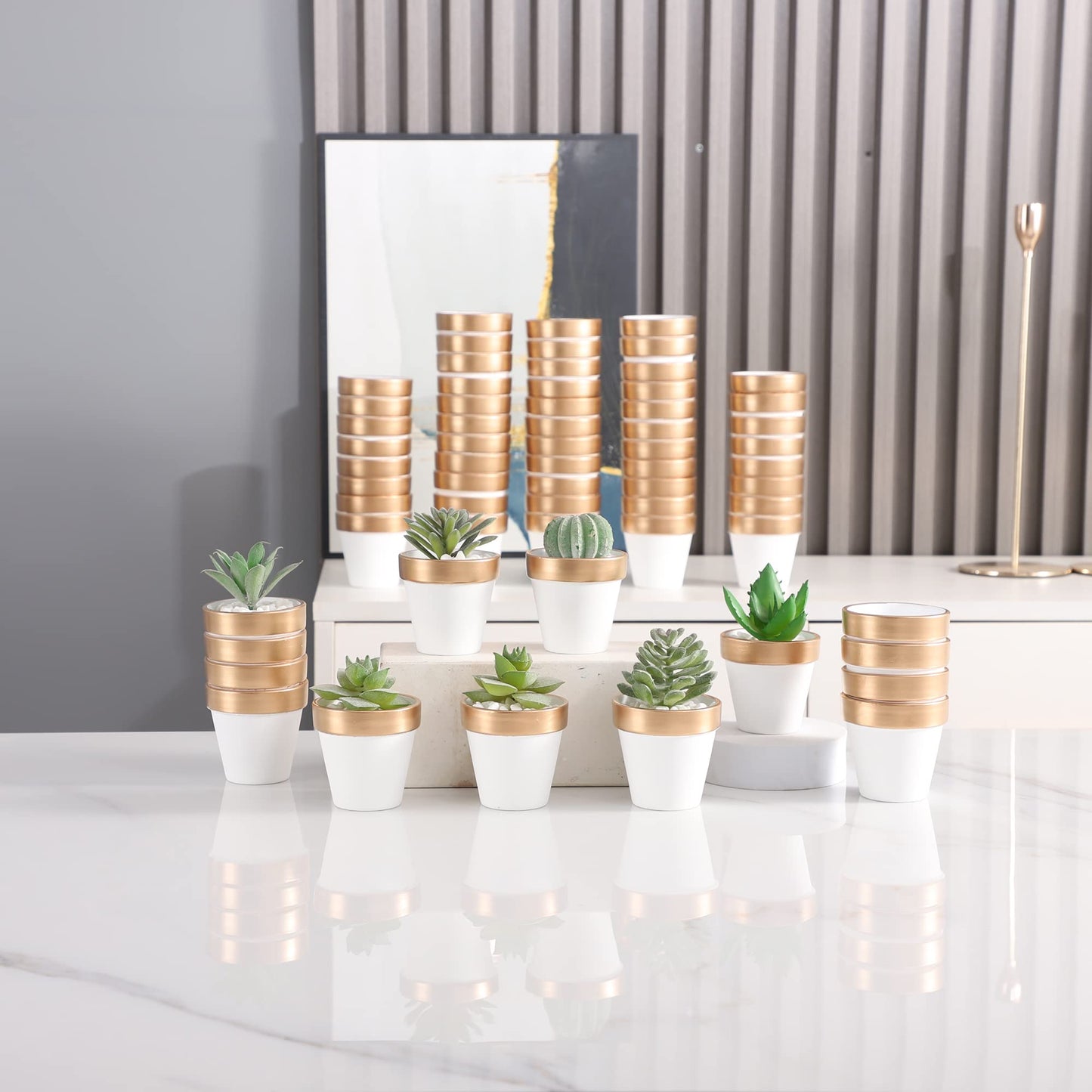 Yishang 72 pcs Small Mini White&Gold Clay Pots, 2.5'' Terracotta Pot Clay Ceramic Pottery Planter,Cactus Flower Terra Cotta Pots,Succulents Nursery Pots,with Drainage Hole,for Crafts,Wedding Favor