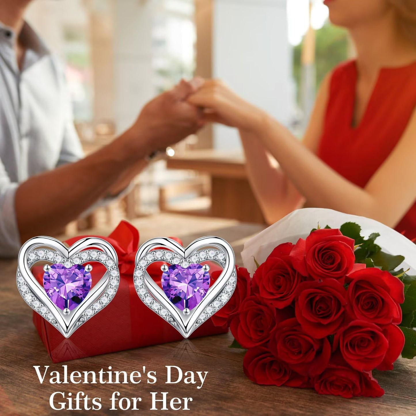 Iefil Birthstone Earrings for Women - 925 Sterling Silver February Birthstone Purple Amethyst Heart Stud Earring for Women