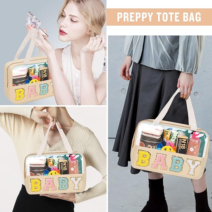 Preppy Clear Baby Makeup Bags with Chenille Letter Patches, Travel Essentials Large Clear Make up Bag Zipper Pouch with Handle, Waterproof Nylon Cosmetic Toiletry Storage Tote for Women (BABY-Beige)
