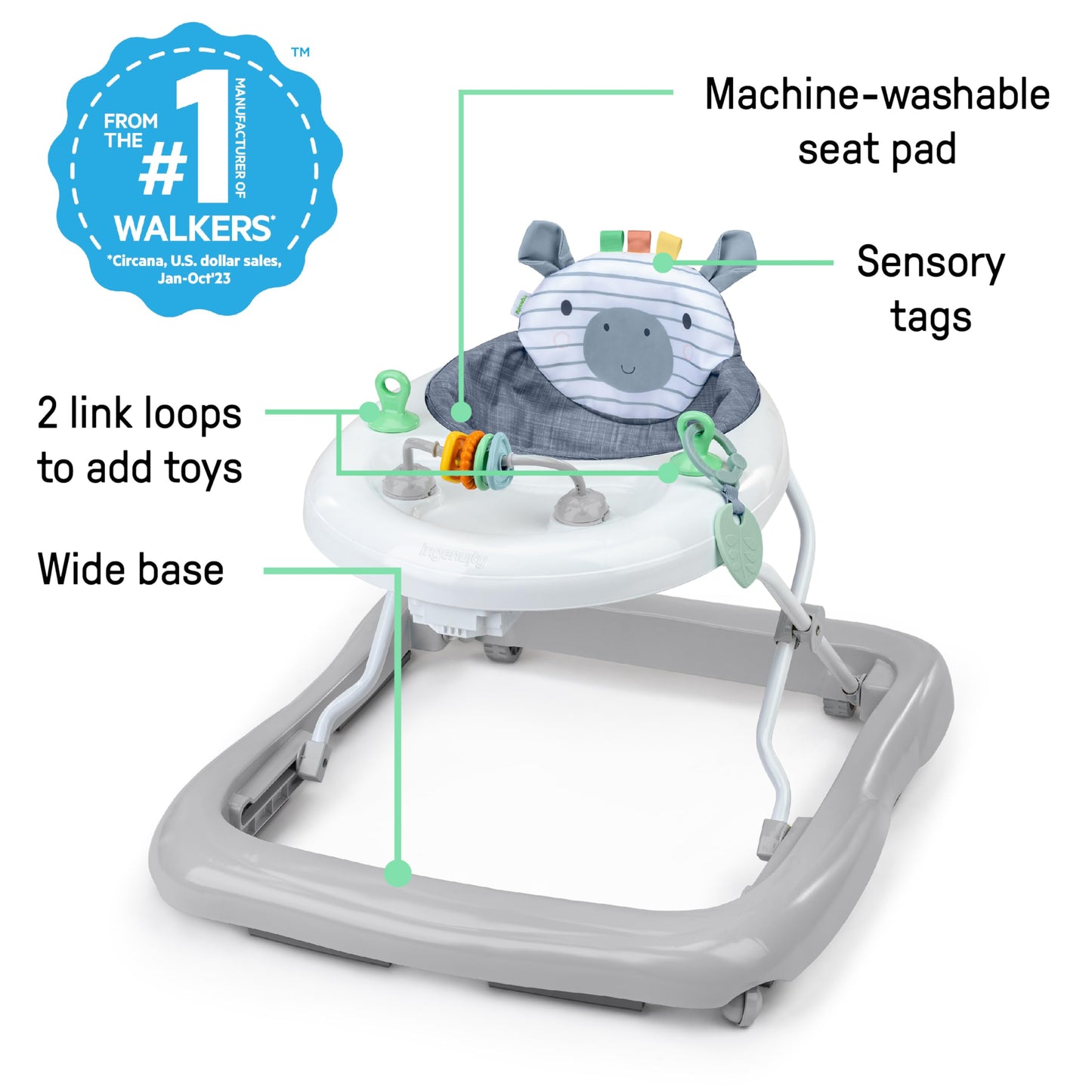 Ingenuity Smooth Strides Activity Baby Walker - Chambray, Developmental Walker, 3 Adjustable Heights, Toys Included, 6M-12M