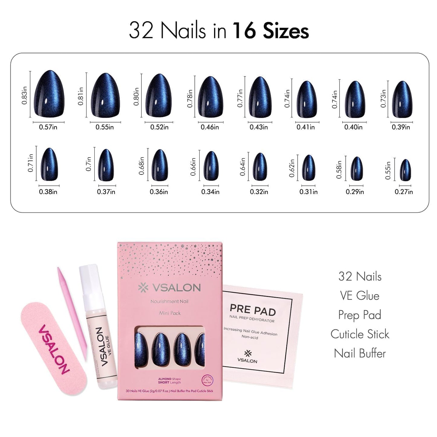 VSALON Almond Short Press On Nails, Ombre Hot Pink Aurora Sheer Jelly Finish Nail Kit & Blue Cat Eye Mini Pack
