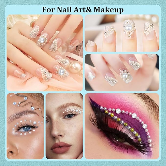 4 Boxes Flat Back Pearls Kit 7 Flatback Light Blue Half Round Pearls 3-10mm with Pickup Pencil and Tweezer for Home DIY and Professional Nail Art, Face Makeup and Craft