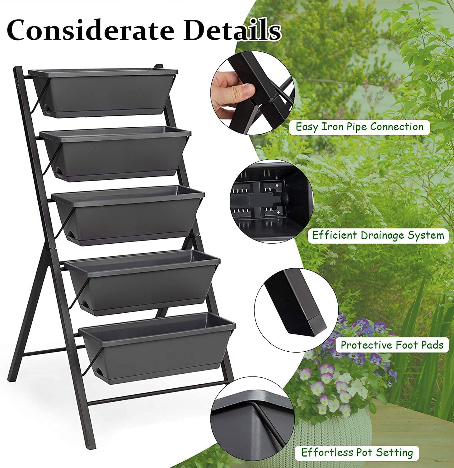 HAPPYGRILL 5 Tiers Raised Garden Bed, Freestanding Planter Box Container with Drainage Holes for Vegetables, Flowers, Indoor Outdoor Elevated Planter Raised Beds for Balcony, Patio, Backyard