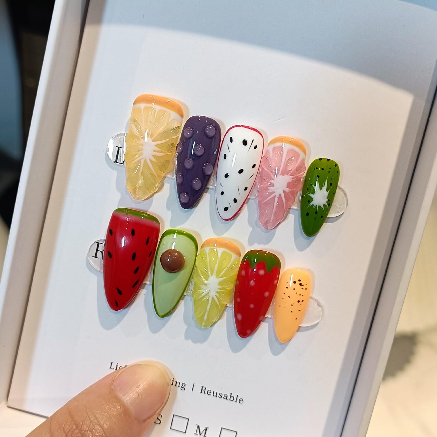 TENPAL Summer Fruit Press on Nails - Vibrant Almond Shaped Fake Nails with Kiwi, Watermelon & Avocado Designs | Reusable Colorful Nail Art for Women | Tropical Fruit Manicure Set (Medium Length,L)