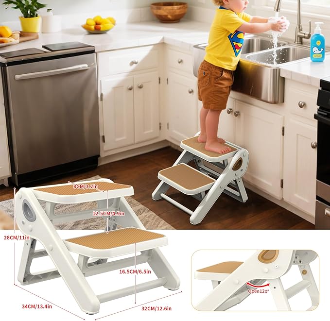 Toddler Step Stool, iNeibo 2-Step Foldable Step Stool for Kids, Widened & Thickened with Anti-Slip Design, Safer for Children Use for Kitchen, Bathroom, Toilet Training - Brown