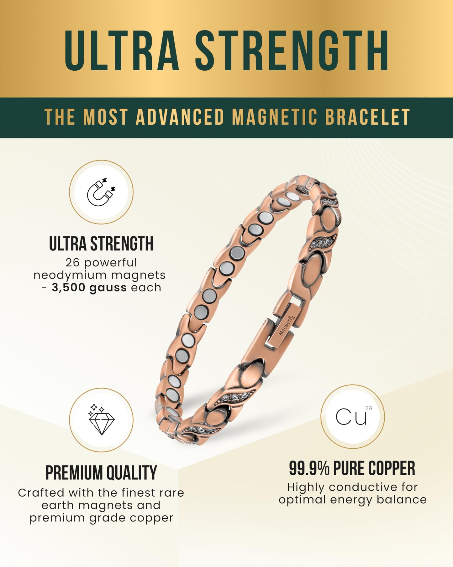 MagnetRX Copper Bracelets for Women – Ultra Strength Magnetic Crystal Bracelet for Women – Adjustable Copper Bracelet with Crystals with Included Sizing Tool (Crystal XO Style)