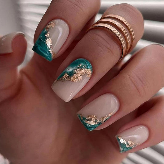 Marble Press on Nails Square Medium Fake Nails with Gold Foil Designs Full Cover False Nails Glossy Glue on Nails Nude Acrylic Nails for Women and Girls Nails Decorations 24pcs
