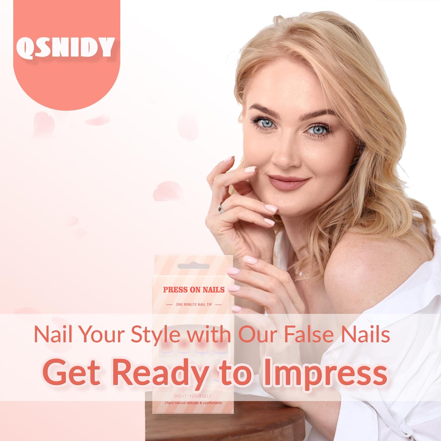 Qsnidy Press on Nails Square - Glazed Pastel Pink Chrome Fake Nails Medium Acrylic Full Cover Glue on Nails in 12 Sizes - 24 Piece Nail Kit，Natural Fit for Women & Girls Daily Wear