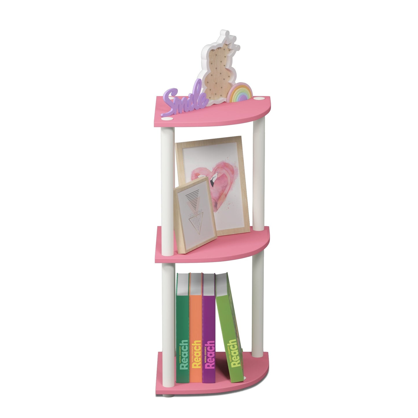 Furinno TURN-N-TUBE Corner Shelf, 3-Tier Corner Bookshelf, Display Storage Shelves with Open Shelves, for Organization and Storage, Living Room, Home Office, Garage, Pink