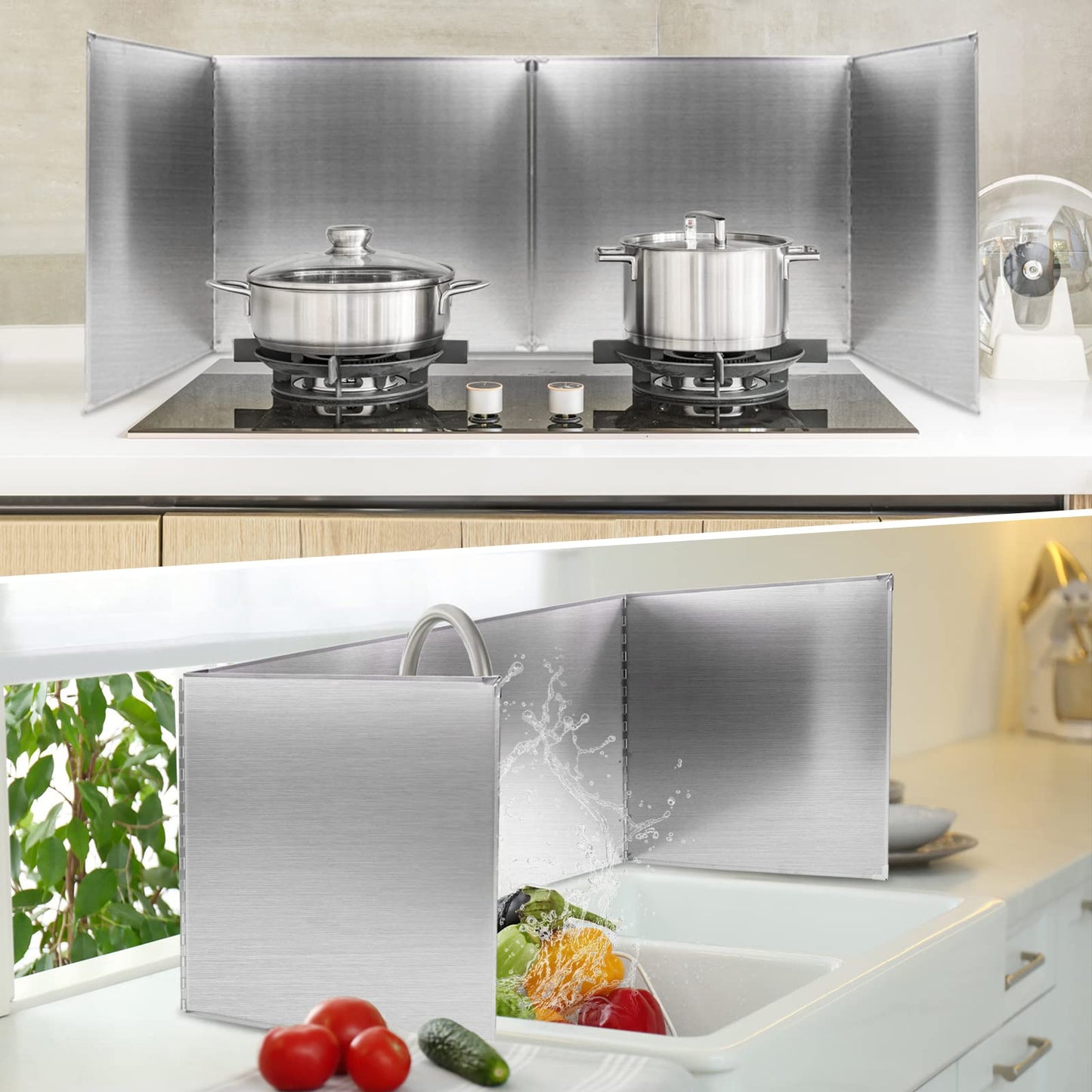Amundo 2 Pieces Grease Splatter Guard 2 Sided Foldable Stainless Steel Splatter Guard Oil Splash Guard for Grease Stainless Steel Backsplash for Stove Frying Pan Splatter Guard (15.7" X 11.4")