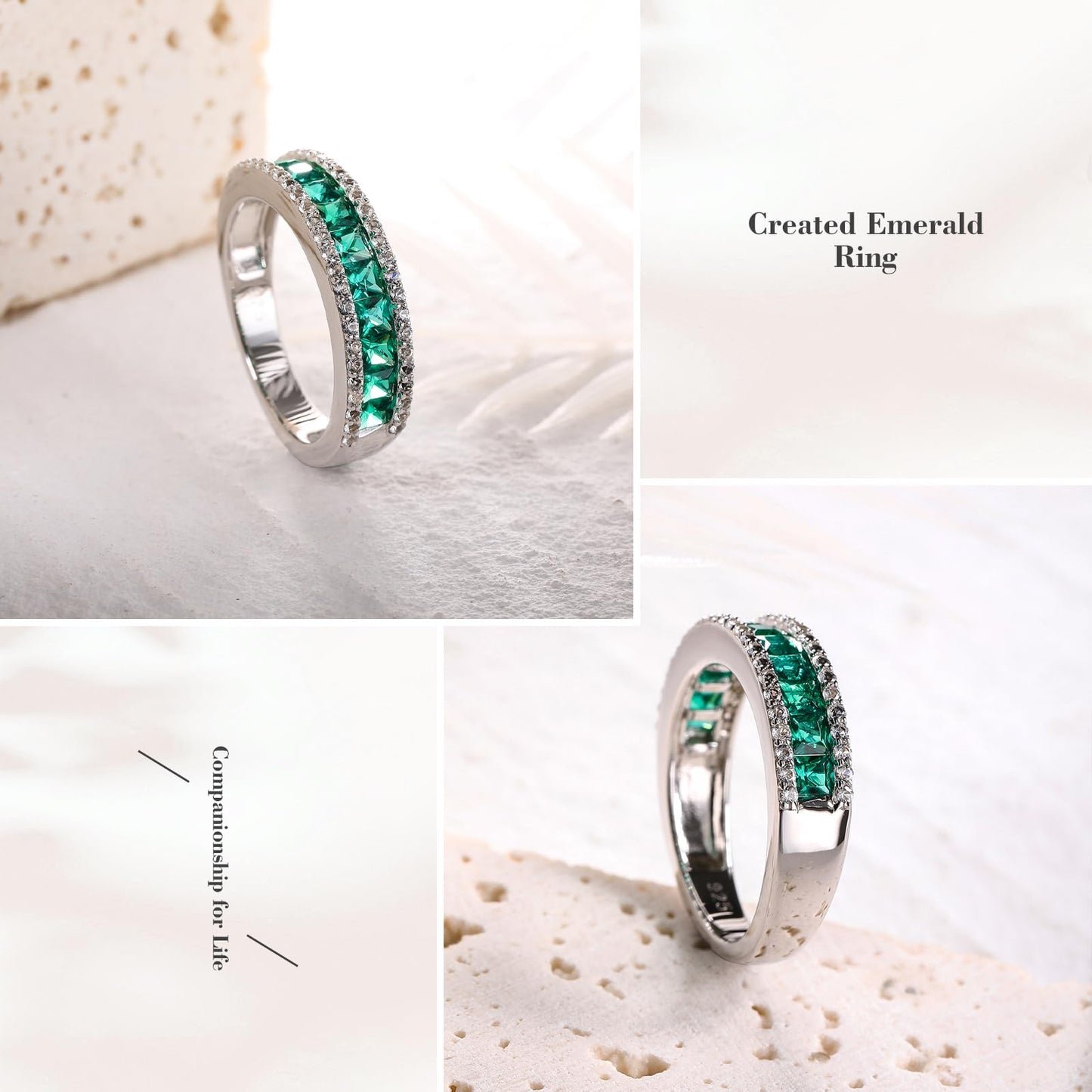 RANDES Emerald Rings for Men Women 5mm Half Eternity Bands Sterling Silver Thick Channel Set Anniversary Band May Birthstone Ring Size 10.5
