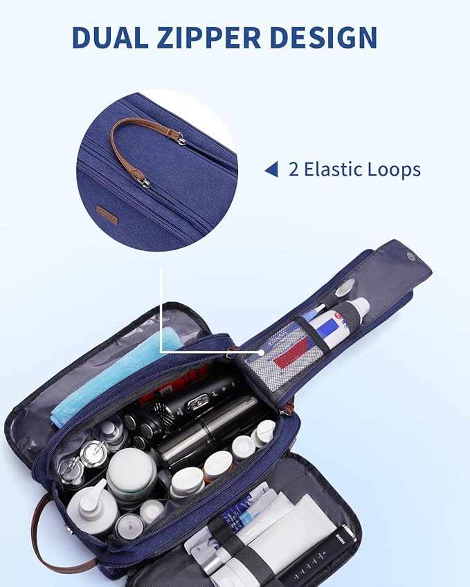 WANDF Toiletry Bag for Men Travel Toiletry Organizer Canvas and Leather Dopp Kit Water-Resistant Shaving Bag for Travel Accessories (Blue, Large)