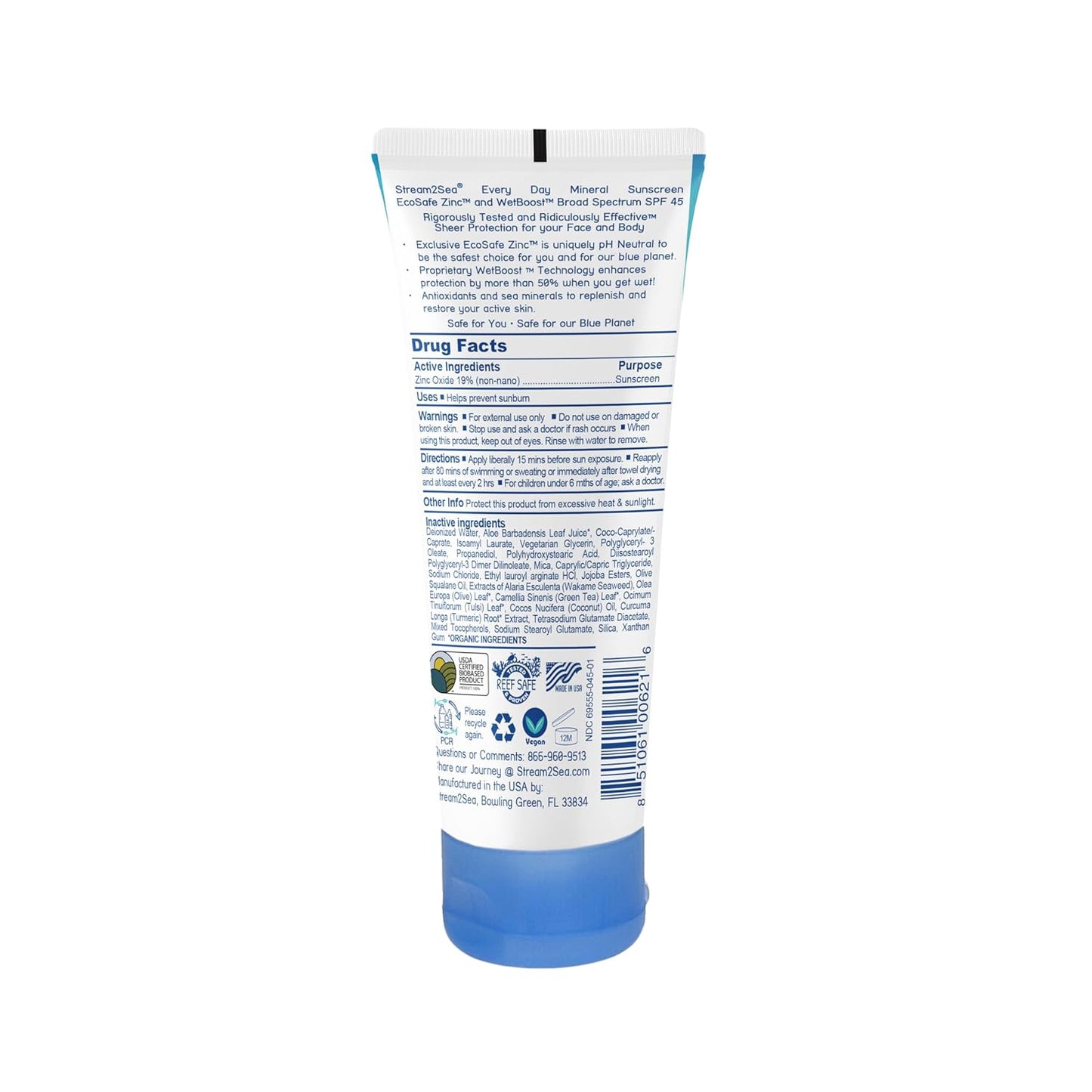 SPF 45 Every Day Active Mineral Sunscreen | 2.5 Fl Oz Biodegradable & Reef Safe Sunscreen for Face & Body | Non-Greasy, Lightweight & Sheer Mineral Protection Against UVA & UVB by Stream2Sea