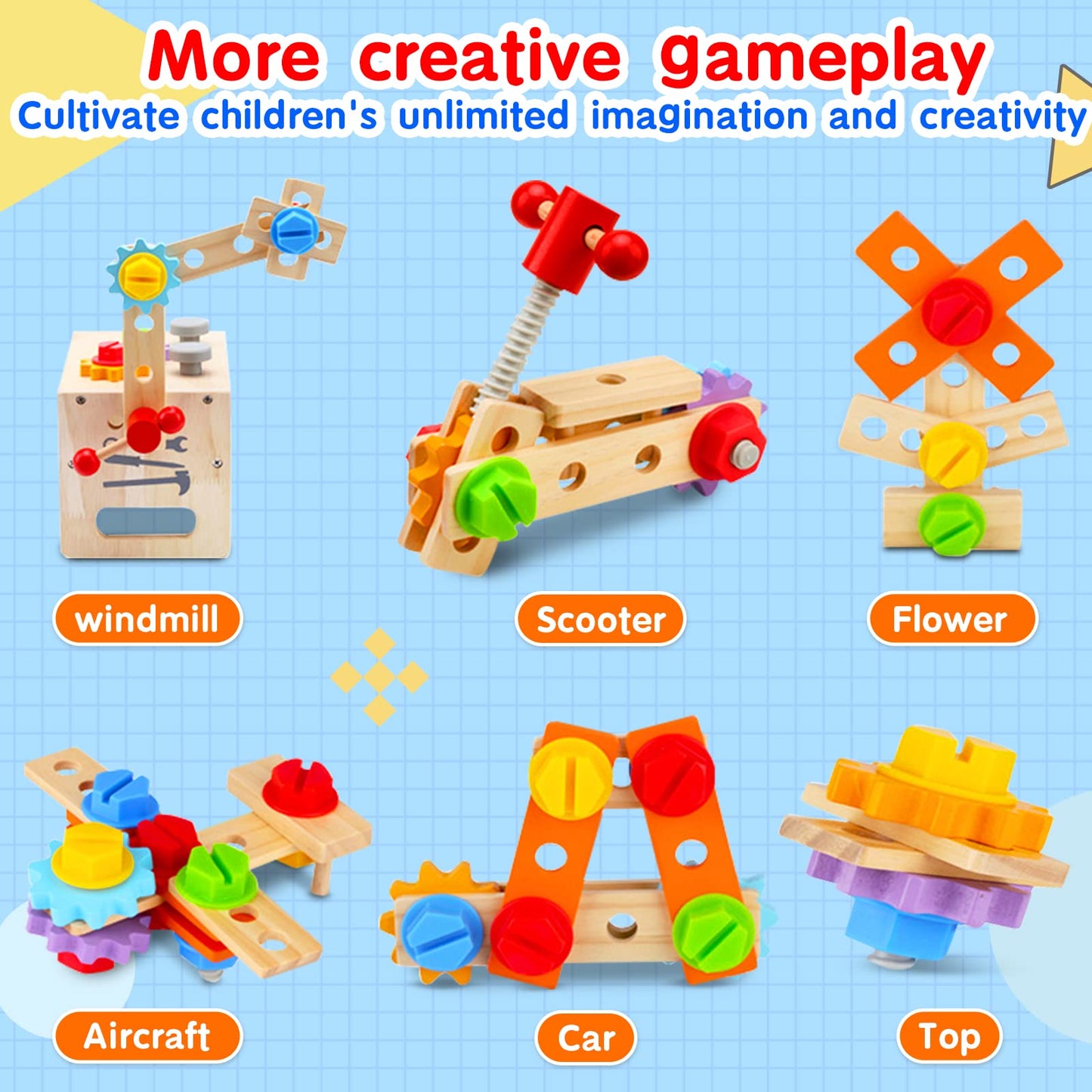 Mgtfbg Kids Tool Set - 29 PCS Wooden Toddler Tool with Box, Montessori STEM Educational Pretend Play Construction Toy for 2 3 4 5 6 Year Old Boys Girls, Best Birthday Gift