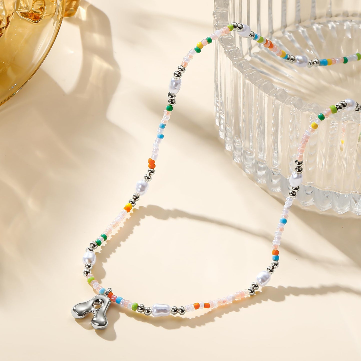 Ritach Silver Initial Necklace A - Women Girls' Birthday Gifts, Beaded Necklace with Silver Pendant