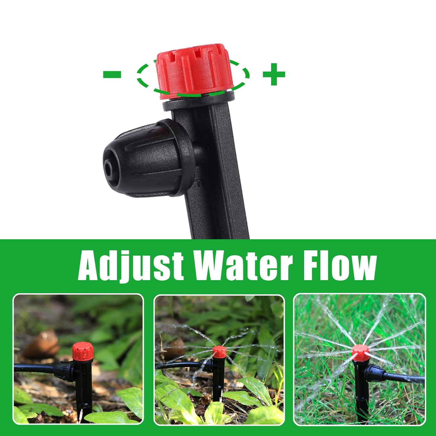 Drip Irrigation Emitters Adjustable 360 Degree Drip Emitters on 5" with Stake for 1/4" Drip Irrigation Tubing Irrigation Drippers for Garden Watering System. (50pcs-Red Drip)