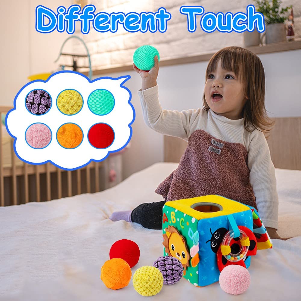 beetoy Sensory Busy Cube for Baby, Montessori Infant Toys with Textured Sensory Balls, Early Learning Travel Toys for Fine Motor Skills, Perfect Newborn Boy and Girl Gift