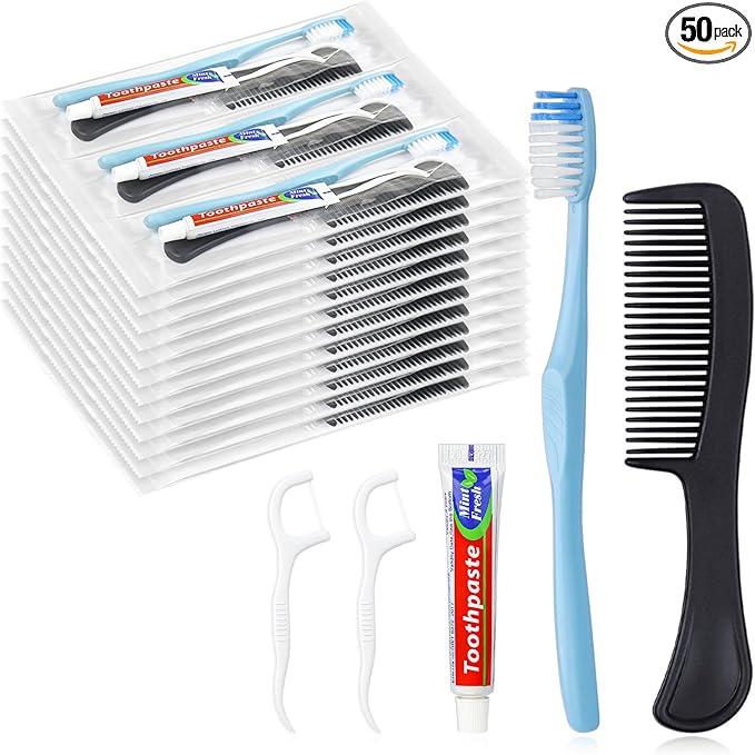 50 Sets Disposable Toothbrushes with Toothpaste Floss Comb Individually Wrapped, Disposable Toothbrush Bulk, 10g Toothpaste,Dental Floss,6in Comb Bulk Toothbrush Kit for Homeless,Airbnb,Hotel