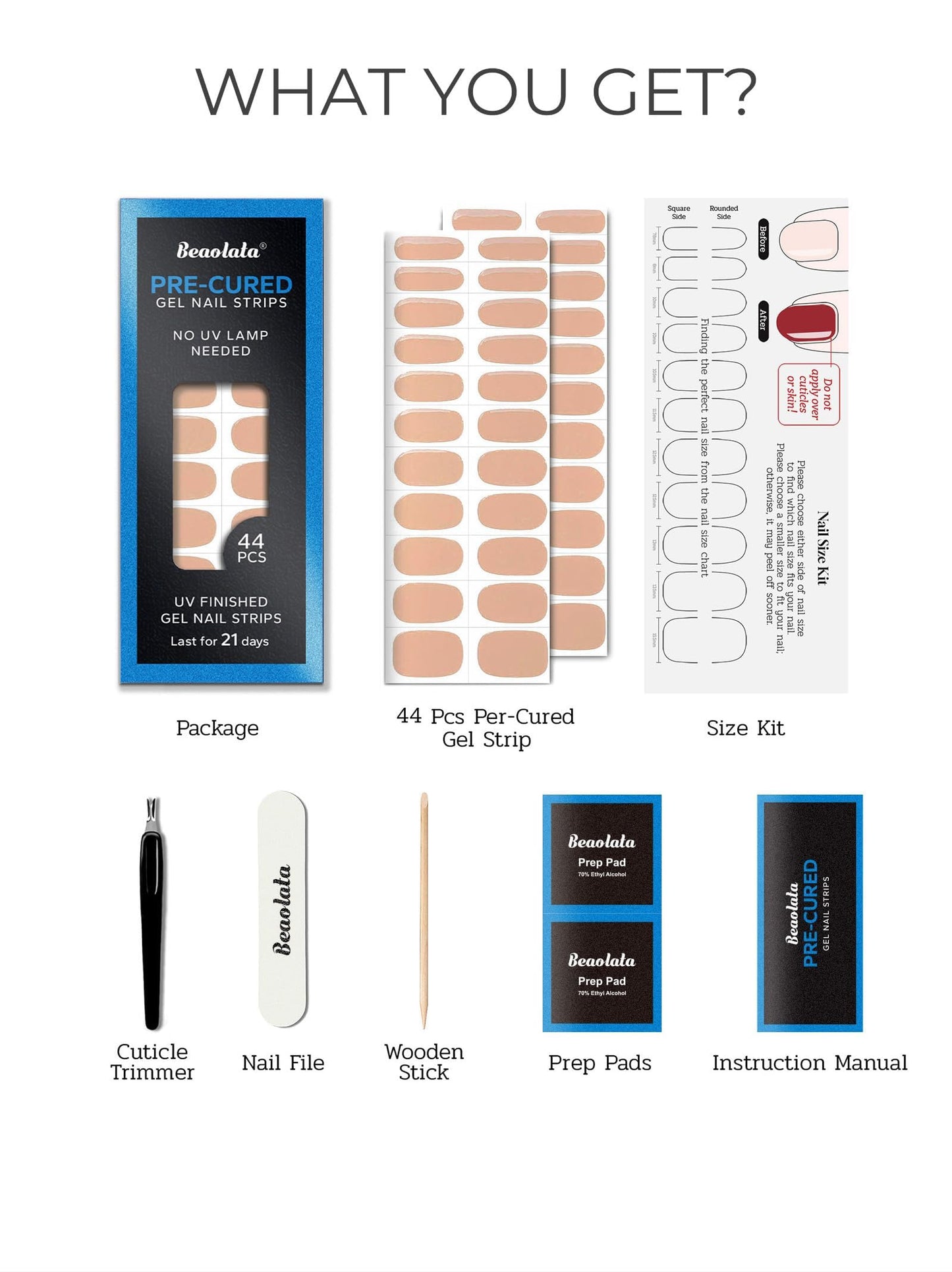 Beaolata Real Gel Nail Strips (No UV Light Needed) - 44Pcs Salon Quality Nail Stickers - Long Lasting Polish Wraps for Women, Easy Apply & Remove (Coconut Milk Nude)