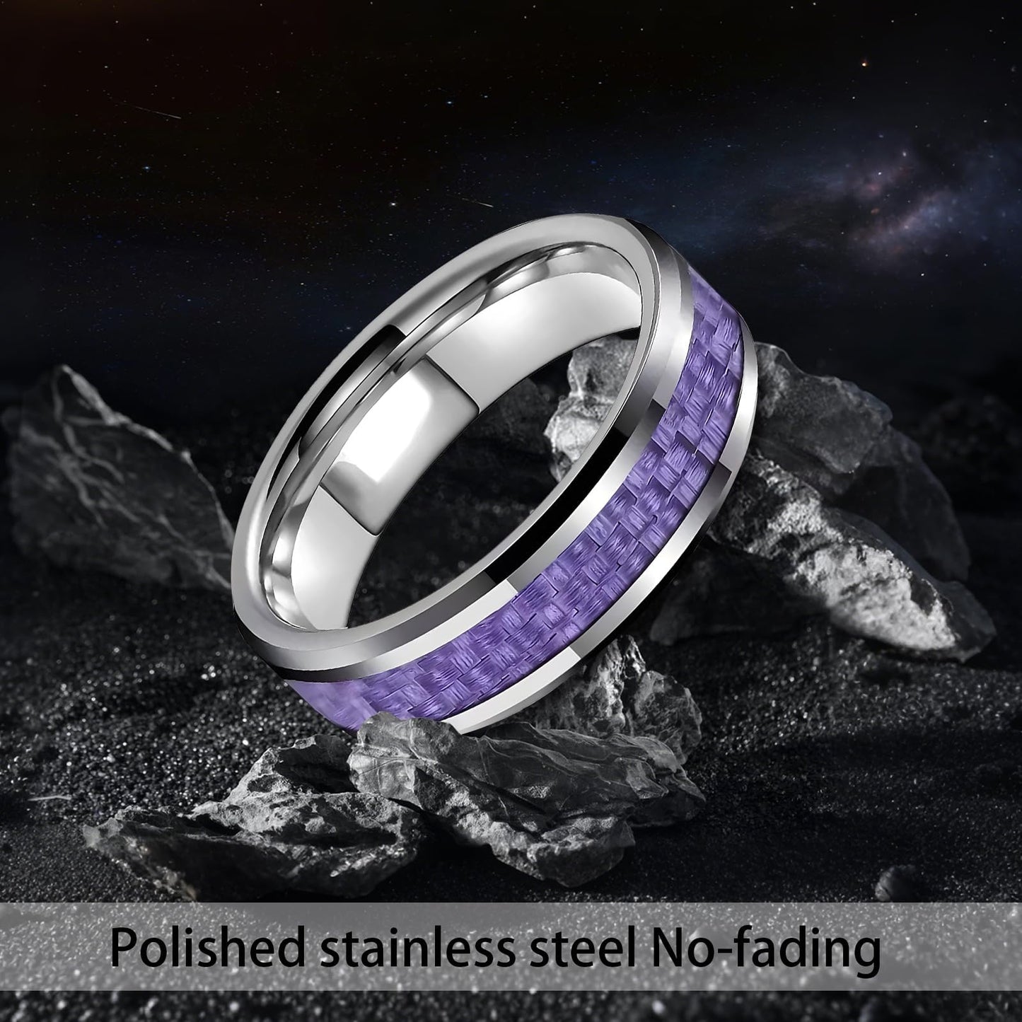 HJIMMNHONG New Carbon Fiber Fashion Rings Double Beveled Edge Delicate Polished Simple Stainless Steel Mens and Women Rings,8mm,Purple,Size10