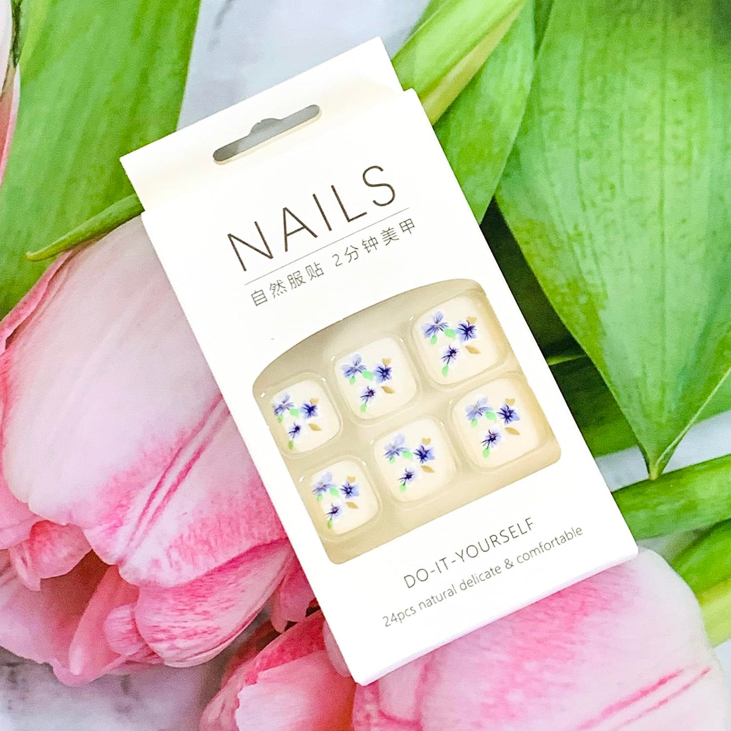 Vezocim Press on Toenails with Orchid Flower Designs, 24Pcs Blue Artificial Short Fake Toenails, Matte Full Cover Acrylic False Nails for Toe, Glue Toenails with Charm for Women Girls